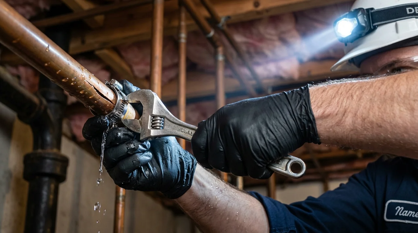 Emergency pipe clamp repair being performed by a Johns Plumbing LLC plumber in Sachse