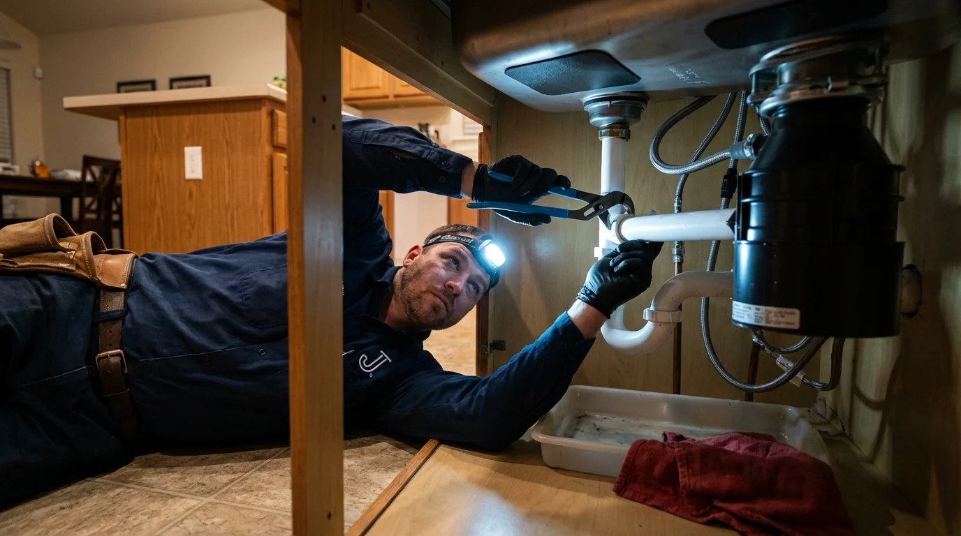 P-trap and supply line connections under a kitchen sink showing a common leak point in Sachse, TX